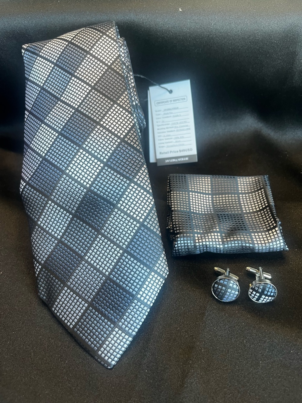 Men's Black & Gray Plaid Tie Set with Pocket Square and Cufflinks